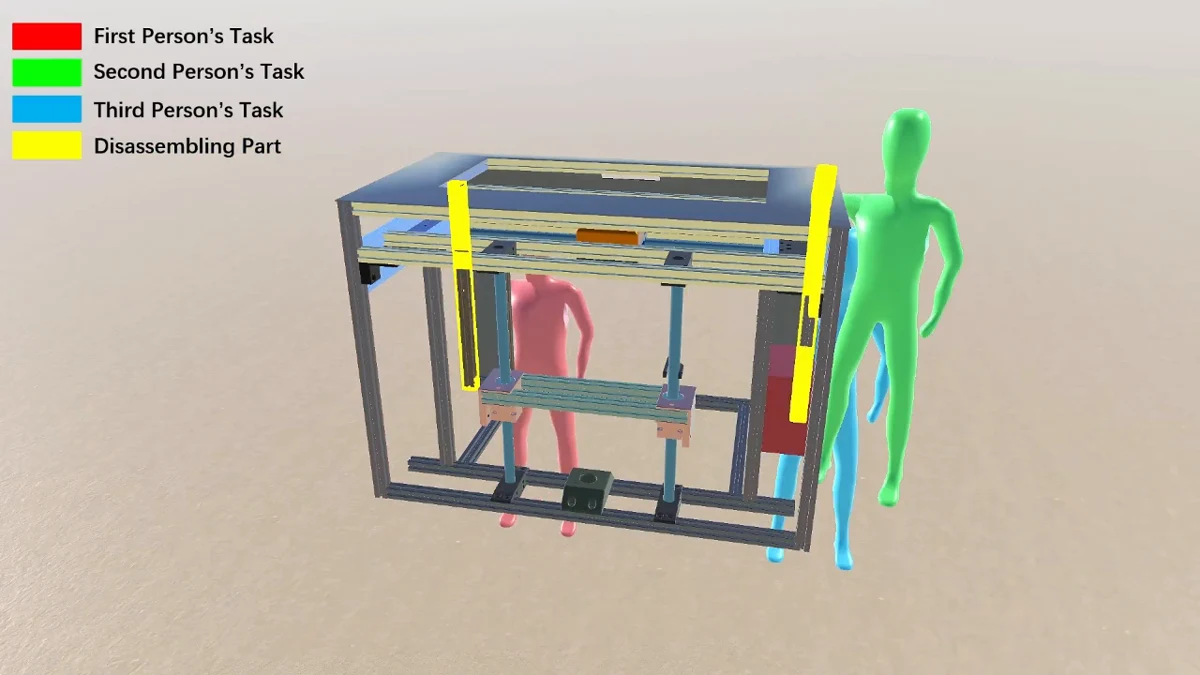 Three color-coded users receive different removal targets around an assembly in VR