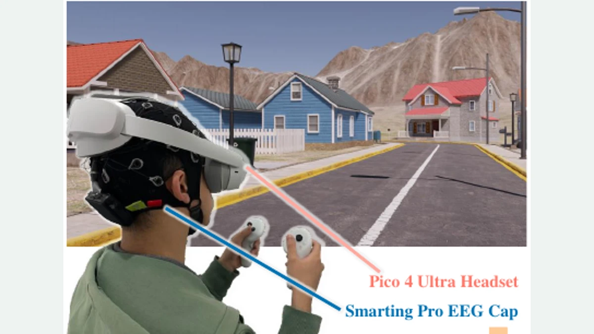 A participant wears an EEG cap and VR headset during synchronized data collection