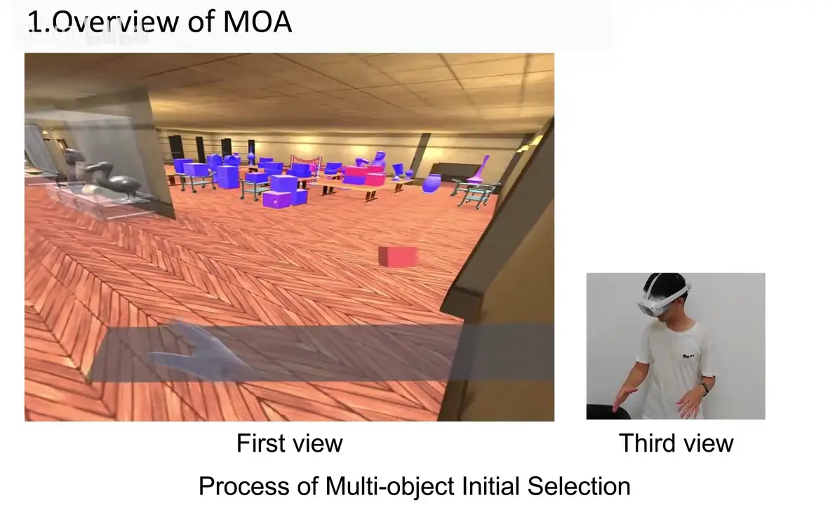 Initial multi-object selection in the authors' MOA demonstration, showing the first-person view and the user's input.